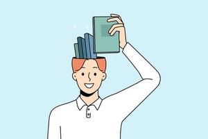 Smiling man put book in head remembering. Happy wise guy take textbook from brain showing excellent memory. Education and knowledge concept. Flat vector illustration.