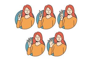 Set of smiling woman showing numbers with hand gesture. Happy girl demonstrate numeric combinations with fingers. Body language, nonverbal communication. Vector illustration.