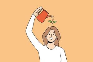 Happy woman use water can watering seedling in brain improving creativity thinking. Smiling girl involved in self-improvement process. Mindset and mental growth. Vector illustration.