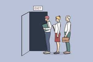 People standing in queue to exit made leaving jobs in office. Diverse employees in line to doors quitting workplace. Resignation and dismissal, workers firing. Vector illustration.