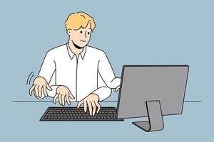 Businessman working on computer with numerous hands being fast and productive at work. Male employee typing at laptop at high speed. Productivity and multitasking. Vector illustration.