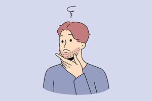 Young man touching beard think of shaving. Guy feel confused about bristle or face hair. Male hygiene and beauty care. Flat vector illustration.