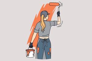 Woman painting wall with roller. Female worker or employee renovate room by herself. Renovation and interior design concept. Vector illustration.