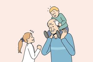 Happy mature grey-haired grandfather playing with small grandchildren. Loving grandpa have fun enjoy playful activity or game with little grandkids. Family bond. Vector illustration.