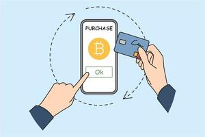 manos de la persona que usa el teléfono celular comprando bitcoin en línea con tarjeta de crédito. el comerciante o inversor compra dinero virtual en un teléfono inteligente. criptografía e inversión. ilustración vectorial vector