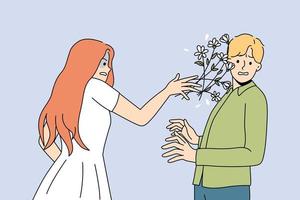 Angry woman throw flowers bouquet to man face distressed with bad date. Unhappy mad female reject male lover or admirer. Relationships end and breakup concept. Vector illustration.
