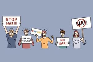 People with No War banners protest on streets against military aggression. Men and women activists with signs saying Stop War walk on demonstration. Ukraine Russian war. Vector illustration.