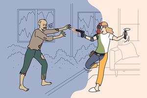 una joven alegre con gafas vr juega un juego de zombis en casa. chica milenaria juguetona con sombreros de realidad virtual diviértete disfruta de nuevas actividades de juego. ilustración vectorial