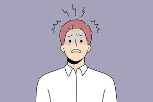 Unhappy male employee or worker feel frustrated and distressed with work problems. Anxious man worker stressed confused with news or ideas. Frustration and stress. Vector illustration.