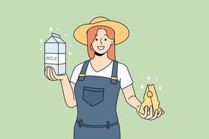 Smiling female farmer holding cheese and milk offer natural products. Happy milkmaid produce organic dairy goods on farm. Healthy food and nutrition. Vector illustration.