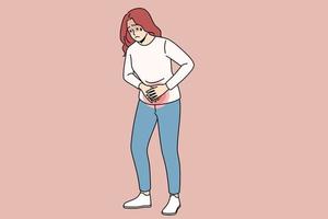 Unhealthy woman hold abdomen suffer from pms. Unwell girl struggle with periods pain. Female have stomachache. Healthcare and medicine concept. Vector illustration.