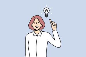 Smiling woman with lightbulb get innovative business idea. Happy businesswoman generate thoughts solve problem. Solution and innovation. Vector illustration.