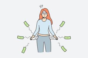 una joven frustrada con los bolsillos vacíos sufre de bancarrota. infeliz triste lucha femenina con deudas o problemas financieros. ilustración vectorial vector
