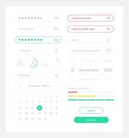 Sign up UI elements kit. Personal information isolated vector components. Flat navigation menus and interface buttons template. Web design widget collection for mobile application with dark theme