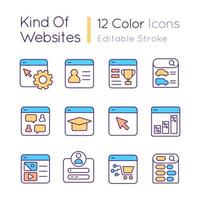 Kind of websites RGB color icons set. Content management system. Ecommerce, elearning. Isolated vector illustrations. Simple filled line drawings collection. Editable stroke.