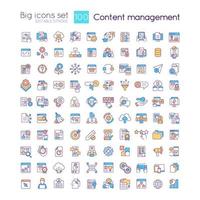 Content management RGB color icons set. Digital experience. Social media. Isolated vector illustrations. Simple filled line drawings collection. Editable stroke.