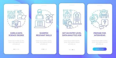 Becoming data scientist blue gradient onboarding mobile app screen. Walkthrough 4 steps graphic instructions with linear concepts. UI, UX, GUI template. vector