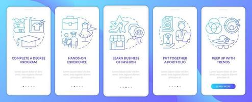 convertirse en diseñador de moda degradado azul incorporando la pantalla de la aplicación móvil. Instrucciones gráficas de 5 pasos con conceptos lineales. interfaz de usuario, ux, plantilla de interfaz gráfica de usuario. vector