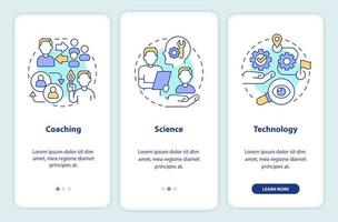 programas de la plataforma de coaching empresarial que incorporan la pantalla de la aplicación móvil. tutorial 3 pasos instrucciones gráficas editables con conceptos lineales. interfaz de usuario, ux, plantilla de interfaz gráfica de usuario. vector