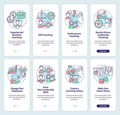 Business coaching programs onboarding mobile app screen set. Walkthrough 4 steps editable graphic instructions with linear concepts. UI, UX, GUI template.