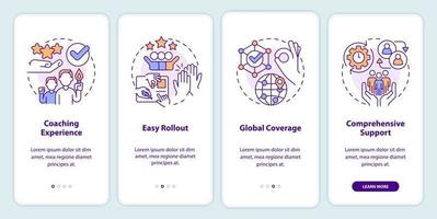 Business coaching platform promotion onboarding mobile app screen. Walkthrough 4 steps editable graphic instructions with linear concepts. UI, UX, GUI template. vector