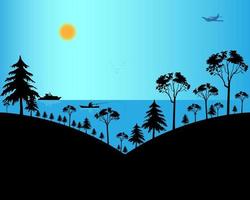 Flat landscape of a fisherman in a boat on a river with nature vector
