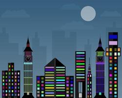 flat design of a night city against a background of clouds and the moon vector