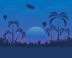 diseño paisajístico de la naturaleza por la noche con un zepelín volando globos vector