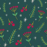 Vector seamless pattern with Christmas tree branches, winter berries and snowflakes