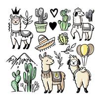 Llama and alpaca collection of cute hand drawn illustrations. vector