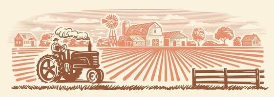 Rural landscape with tractor. Hand drawn vector