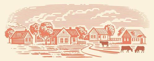 Rural landscape with cows vector. Village with field vector