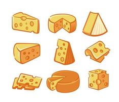 Collection of cheese pieces and slices. vector