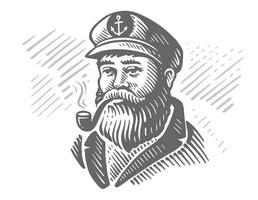 capitán de mar viejo marinero con boceto grabado de tubería. vector