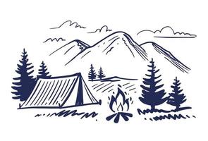 Tourist tent in mountains sketch. vector