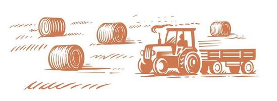 campo con pajares. paisaje agrícola con tractor vector