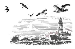 Lighthouse vector drawing, seascape and nature