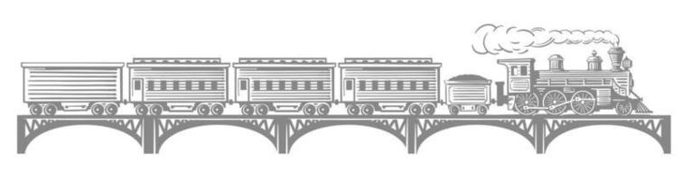 Steam train with wagons on bridge. Locomotive carriage move vector