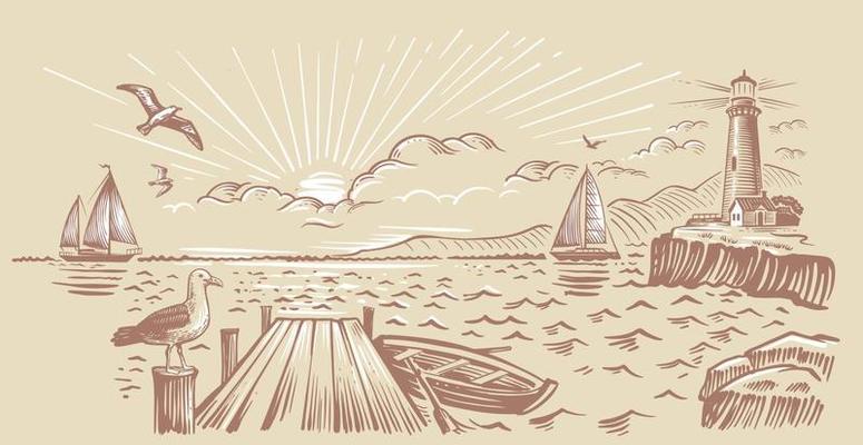 Yachts on sea. Hand drawn nautical seascape with lighthouse and pier