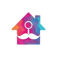 Search mustache home shape concept logo design template. Moustache and loupe for a detective spy logo design. vector