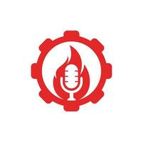 Fire Podcast gear shape concept logo design template. Flame fire podcast mic logo vector icon illustration