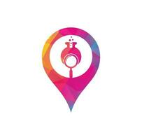 Search lab map pin shape concept logo design. find lab logo design vector template. Lab Find Logo Icon Design.