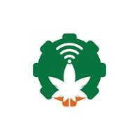 Cannabis wifi gear shape vector logo design. Hemp and signal symbol or icon.