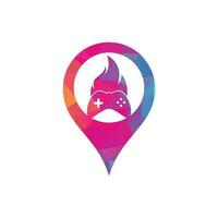 Gaming fire map pin shape concept logo icon designs vector. game pad with a fire for gaming logo vector