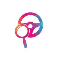 Search drive logo template. Search drive logo design icon vector. Steering wheel and magnifying symbol or icon. vector