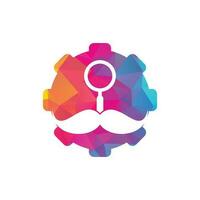 Search mustache gear shape concept logo design template. Moustache and loupe for a detective spy logo design. vector