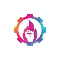 vector de logotipo de concepto de forma de engranaje de puño de fuego. símbolo de puño de llama de protesta de revolución. elemento de diseño de plantilla de logotipo de icono web.