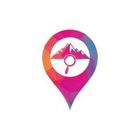 Mountain and loupe gps shape concept logo combination. Nature and magnifying symbol or icon. Magnifying glass and mountain logo design vector