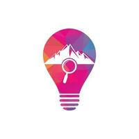 Mountain and loupe bulb shape concept logo combination. Nature and magnifying symbol or icon. Magnifying glass and mountain logo design. vector