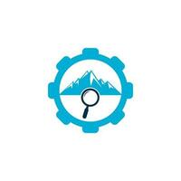 Mountain and loupe gear shape concept logo combination. Nature and magnifying symbol or icon. Magnifying glass and mountain logo design. vector